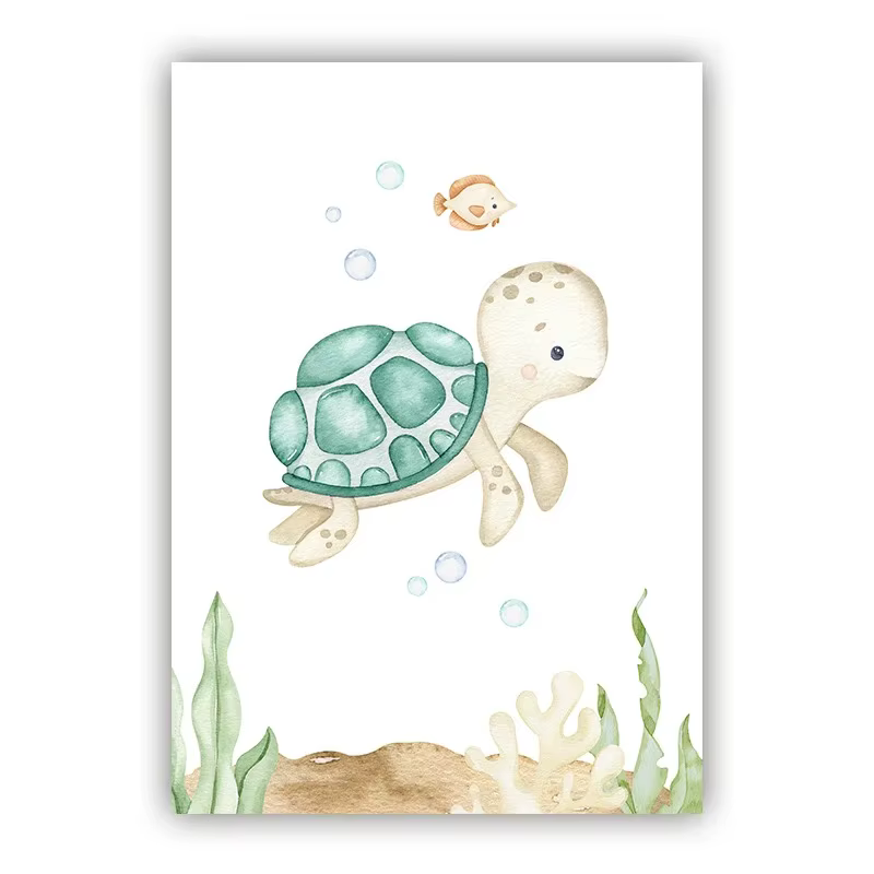 Impressions de pépinière d'animaux marins, dessin animé, tortue de mer, affiche d'interconnexion, art d'animaux marins, peinture sur toile, décor mural de chambre d'enfant