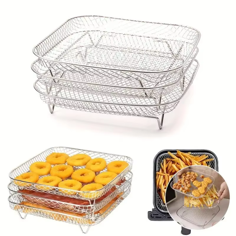 Ensemble d'accessoires pour friteuse à air en acier inoxydable 3 pièces - Grille carrée pour frites et grillades pour la cuisine et la salle à manger, grille pour friteuse à air