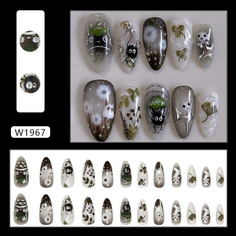 24 pièces dégradé noir faux ongles mignon dessin animé oeil de chat forêt elfe fille presse