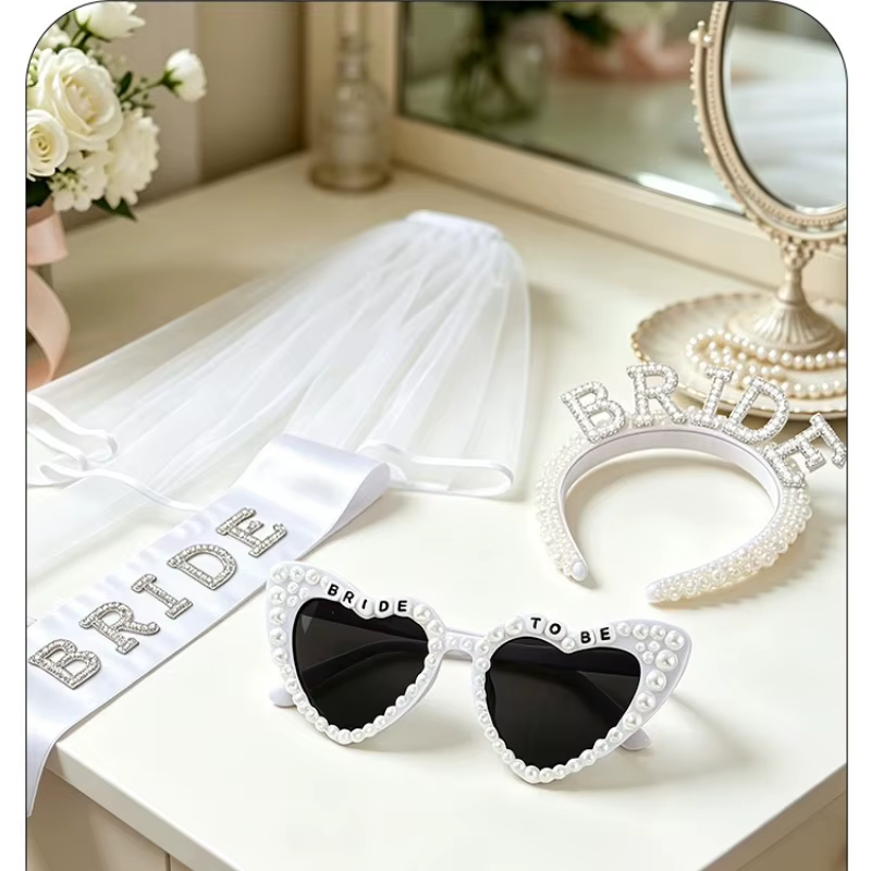 Ensemble d'accessoires pour future mariée avec voile, ceinture et lunettes de soleil, accessoires photo pour enterrement de vie de jeune fille, fête prénuptiale, fiançailles, plage, lune de miel