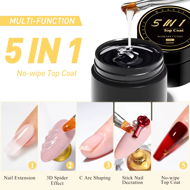 Mtssii 5 en 1 colle Gel de renfort sans lingette couche de finition Nail Art tremper le vernis Gel UV 3D Chrome Design diamant Gel