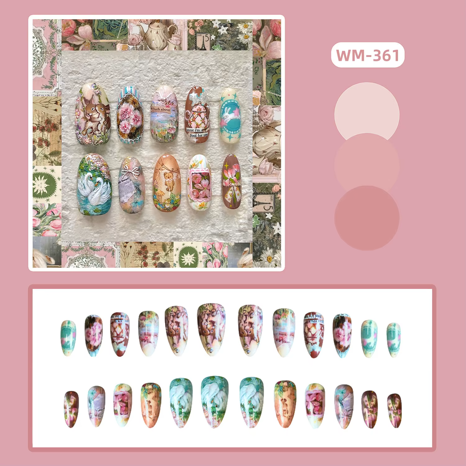 24 pièces série Journal de terrain faux ongles mignon lapin cygne fleur conceptions
