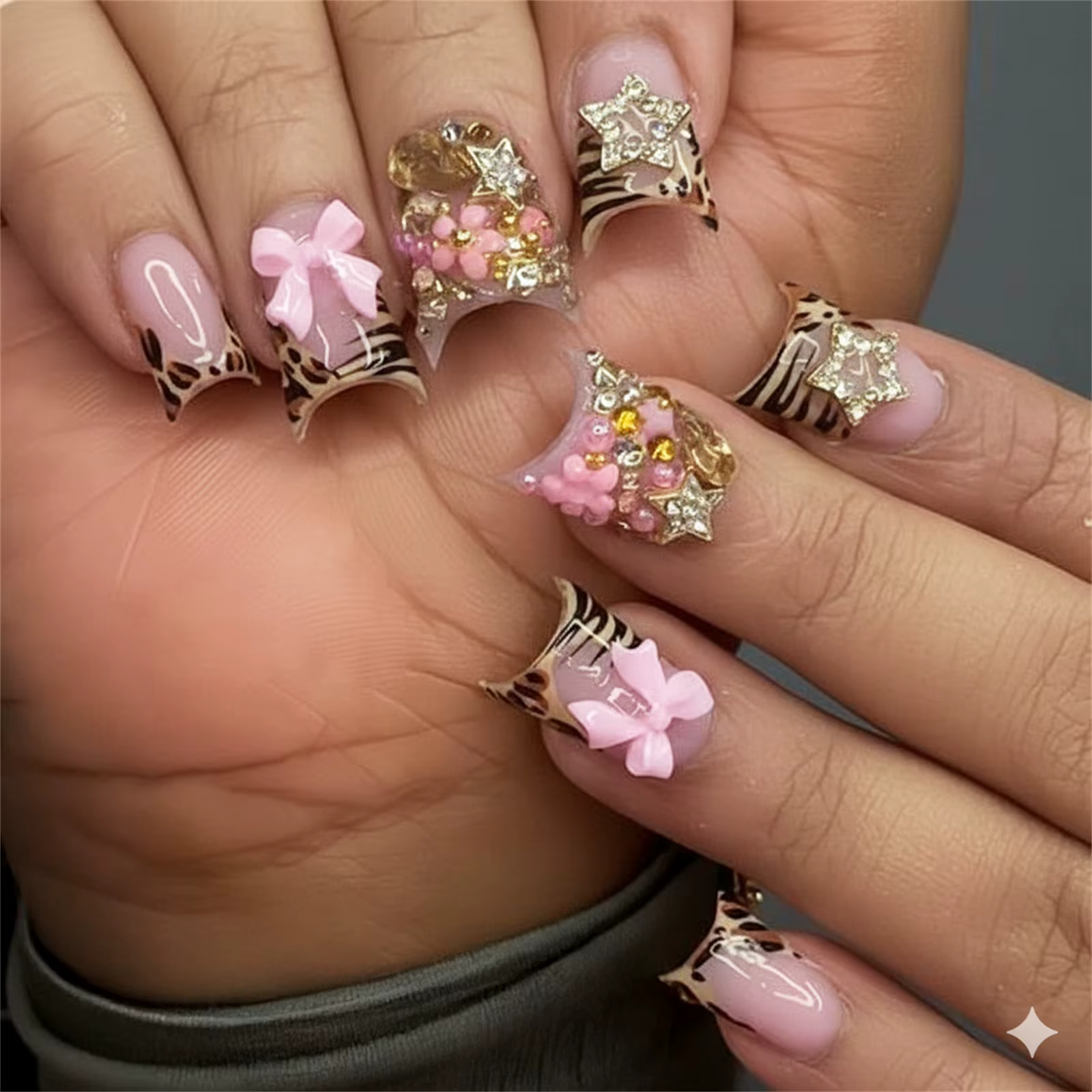24 pièces nu rose doux faux ongles court bec de canard imprimé léopard français