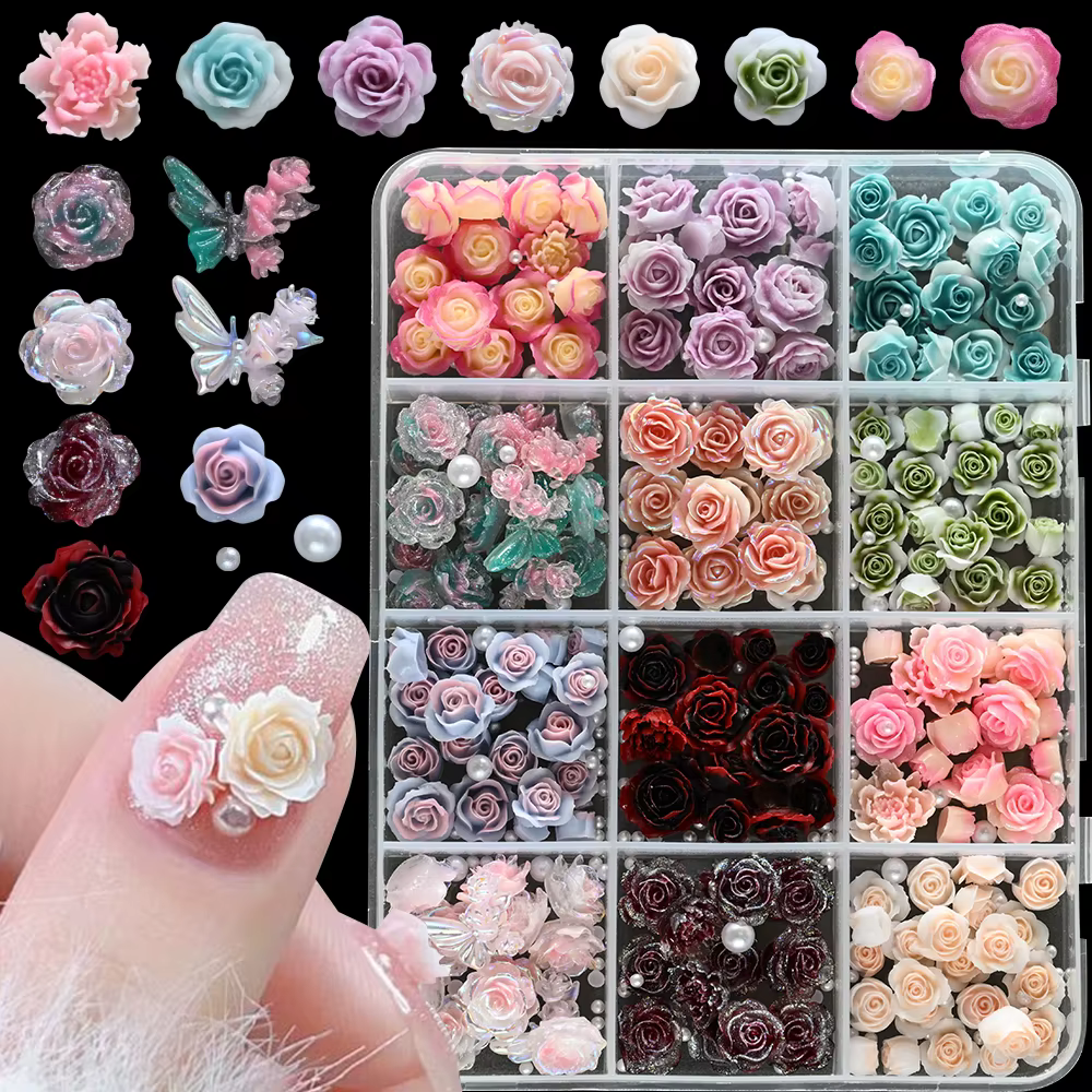 12 Grilles de Breloques 3D pour Ongles Camélia Rose