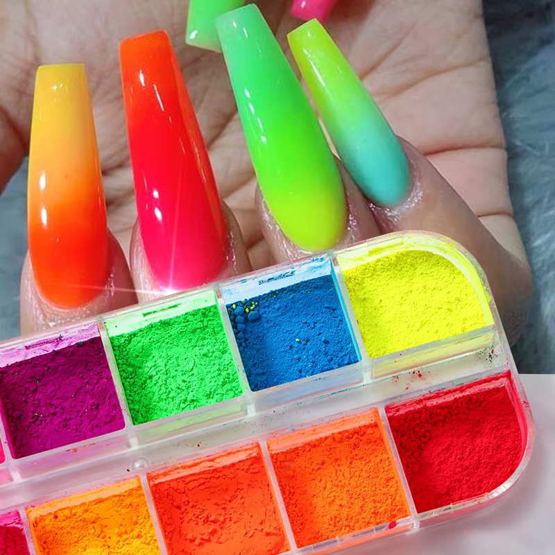 2 boîtes de pigments pour ongles arc-en-ciel néon