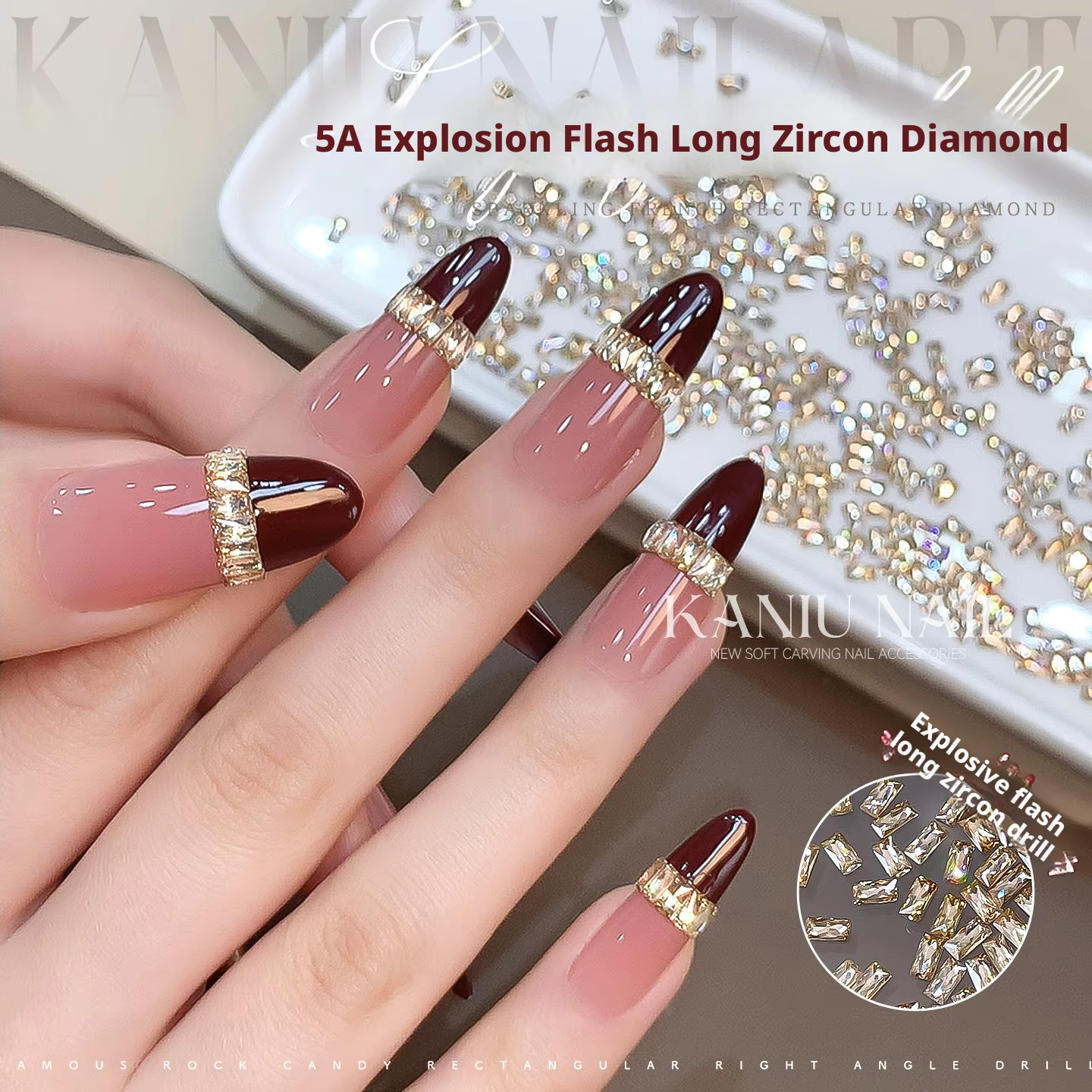 KANIU Champagne ongles rectangulaires zircon blanc transparent 5A clou cristal diamant français rayé accessoire