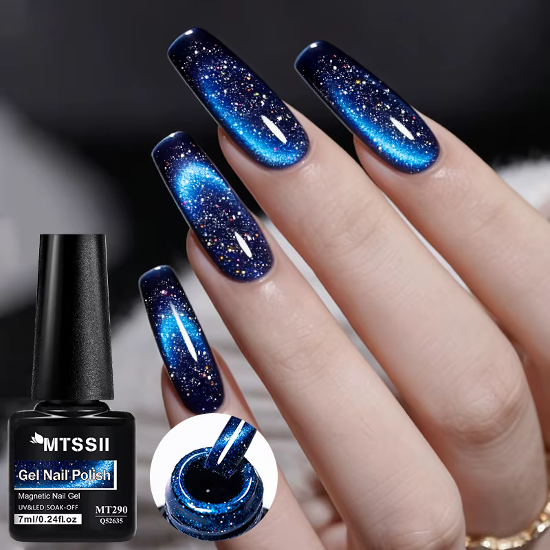 Vernis Gel Magnétique Réfléchissant Bleu Pailleté 7ml Effet Ciel Étoilé Ultra Scintillant Semi-Permanent Soak Off UV Fournitures pour Ongles