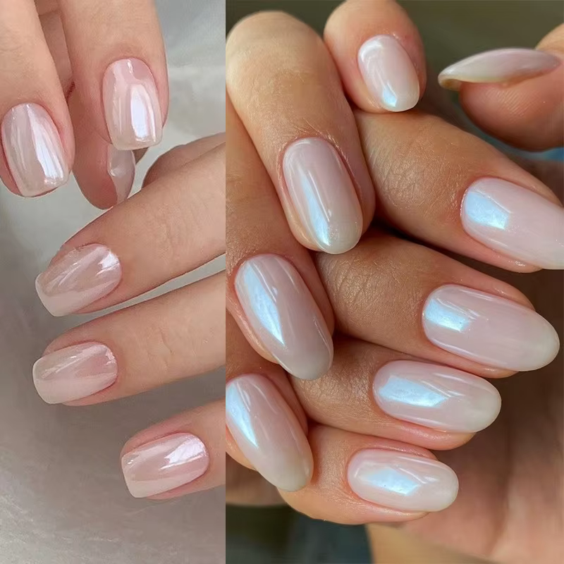 Aurora perle blanc ongles paillettes poussière clair de lune