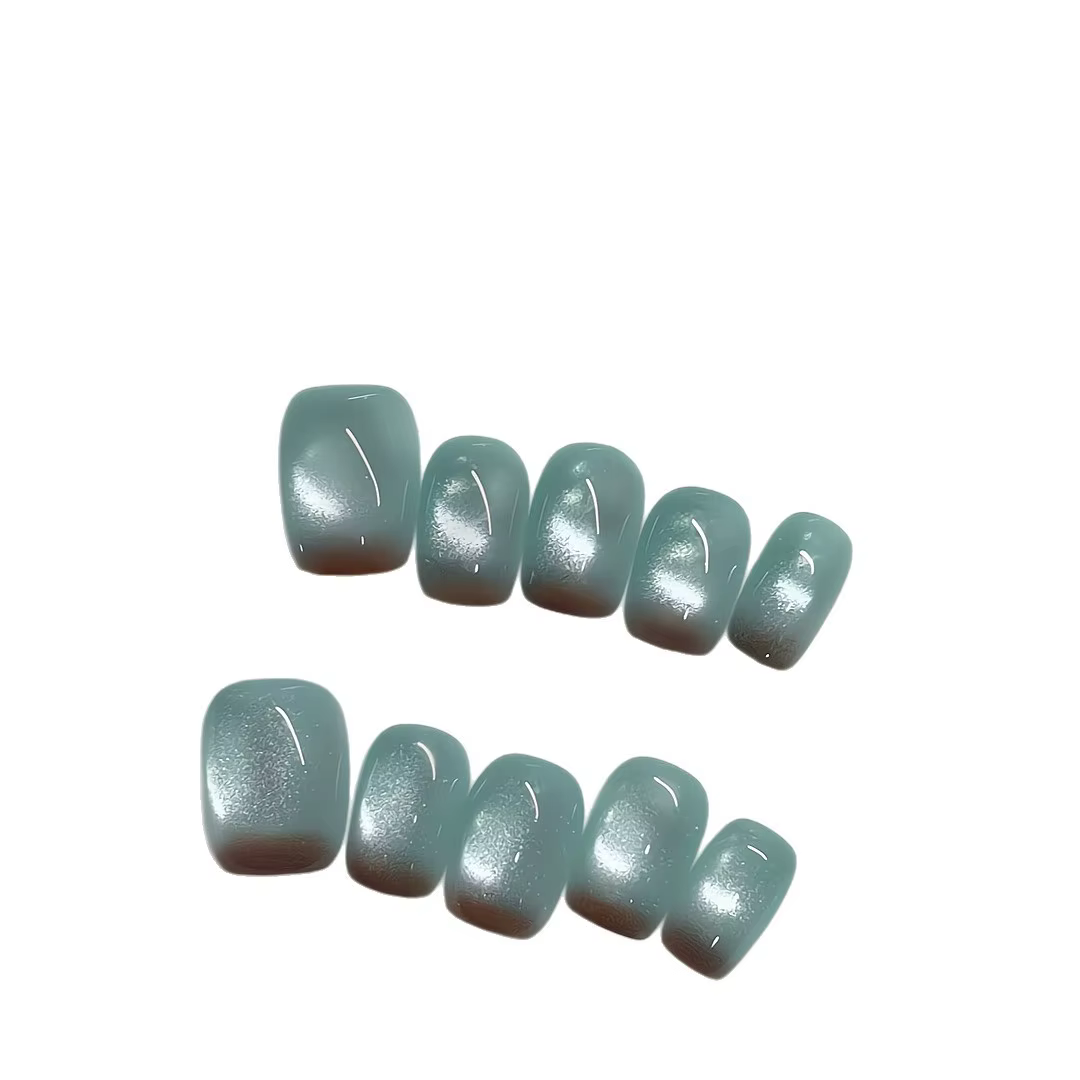 10 pièces ongles faits à la main marron-bleu Ombre oeil de chat presse