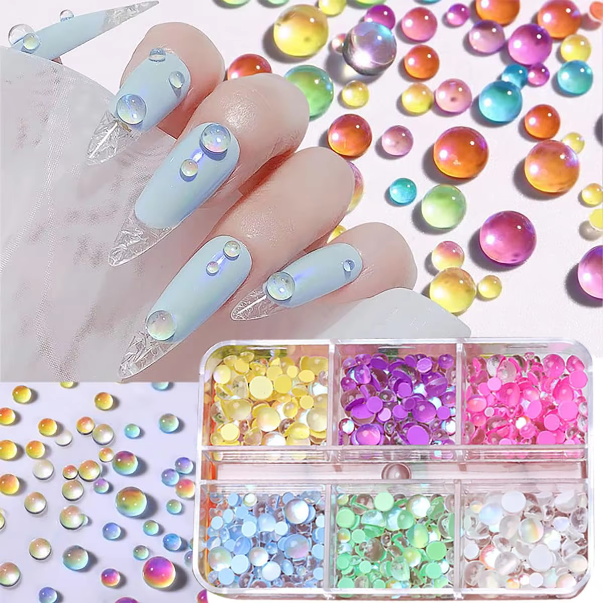 6Grid Aurora Mermaid Perles Rondes pour Décoration d'Ongles