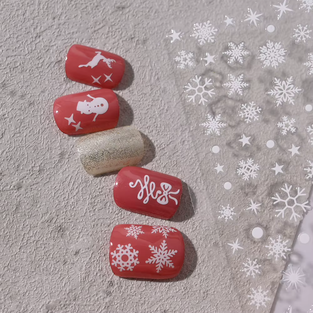 1sheet White Snowflake 3D Christmas Nail Art Stickers Self-Adhesive Xmas Snowy Winter