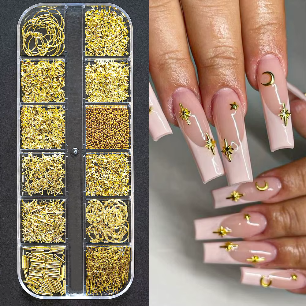 12 grilles or argent perles pour ongles 3D demi-rond perle