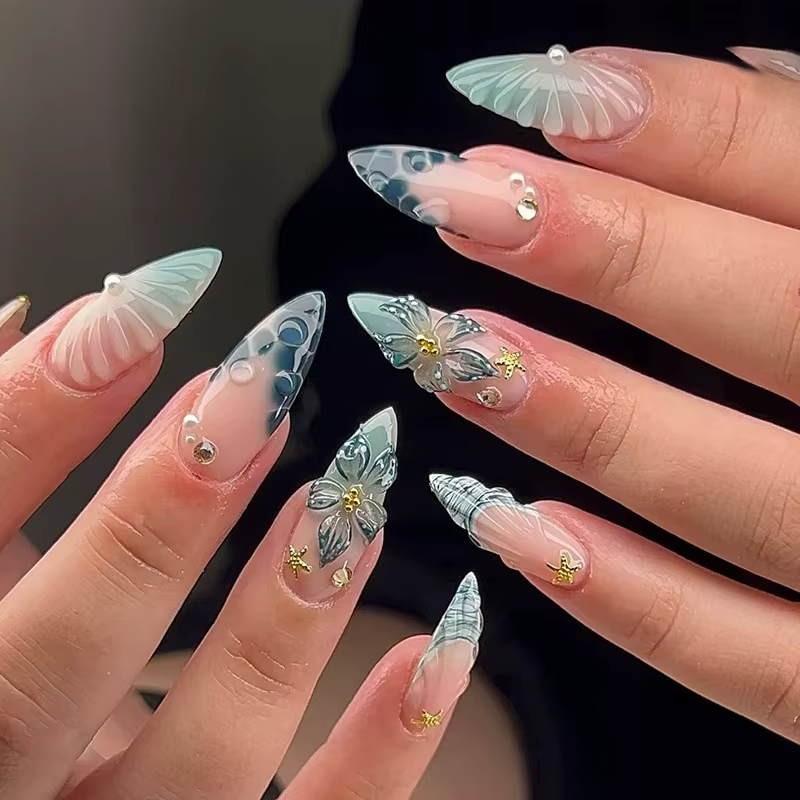 24 pièces fleur rose amande presse sur ongles Kawaii faux