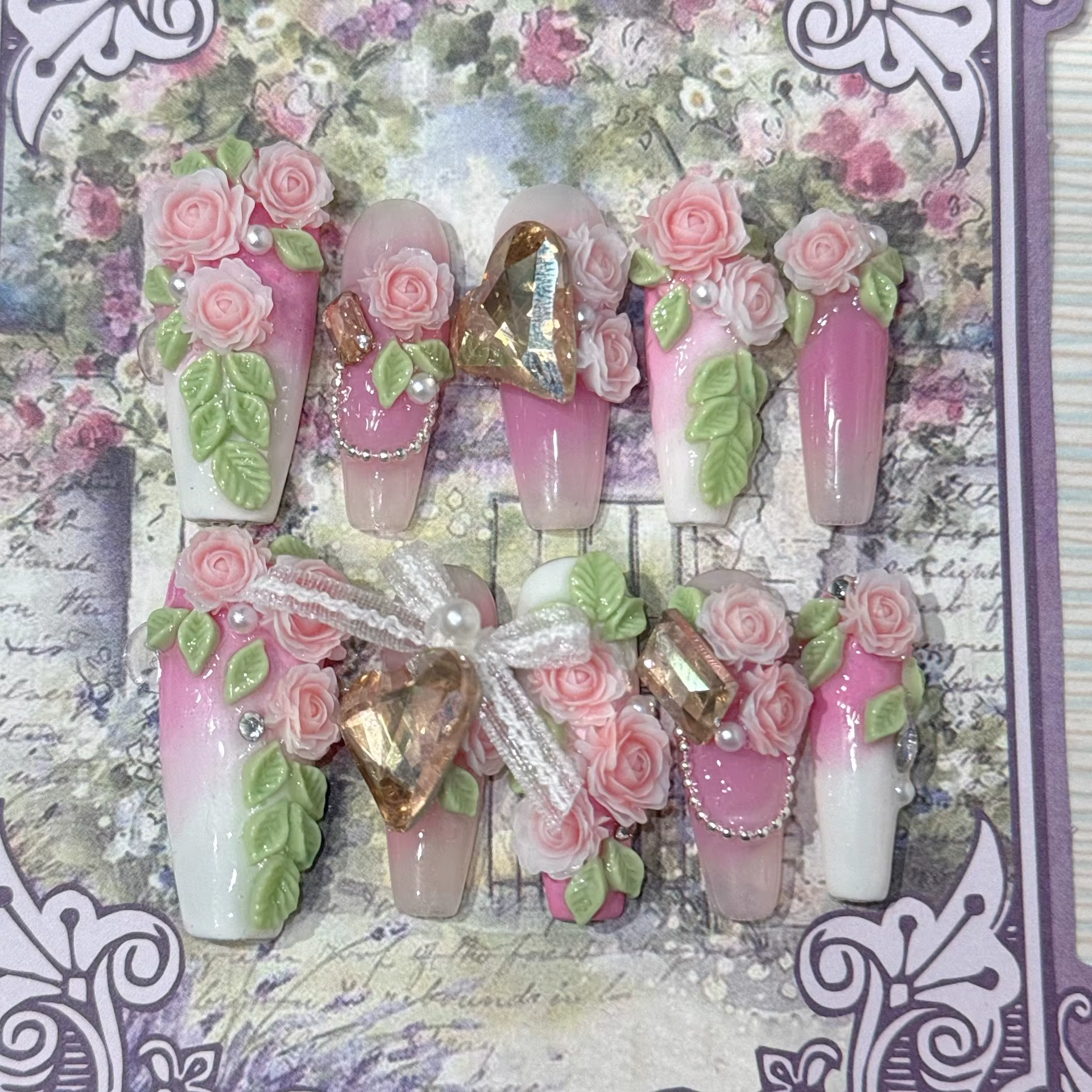 Romantique Floral 3D presse sur ongles à la main Roses feuilles perles arcs mariée mariage Nail Art faux