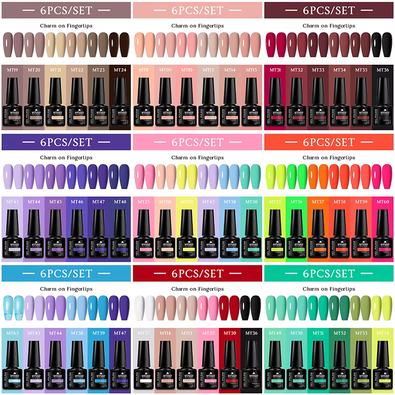 Lot de 6 vernis à ongles gel couleur unie 7ml – Collection Printemps-Été – Paillettes Noir Blanc Rouge – Semi-permanent UV Soak Off