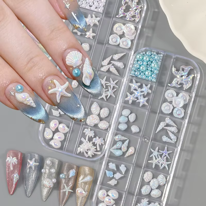 Lot de 12 boîtes de 12 compartiments pour décoration d'ongles : étoiles de mer