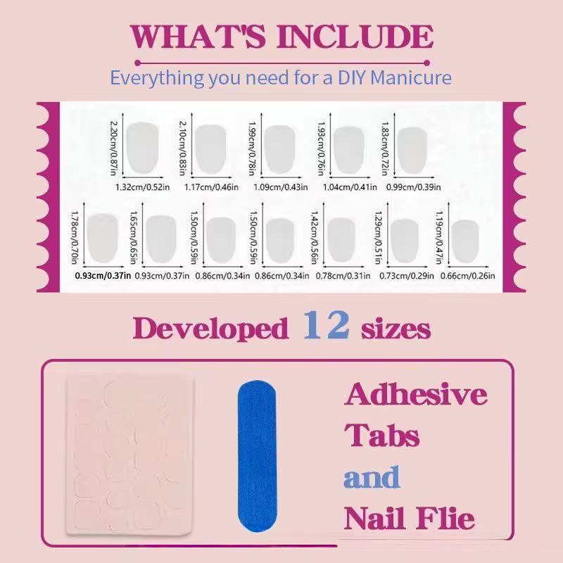 24 faux ongles carrés courts bleu clair et rose avec des rayures blanches en forme de points