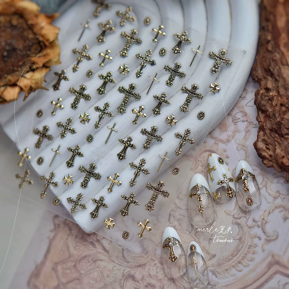 Autocollant d'ongle de croix d'argent rétro pour manucure breloques à assembler soi-même