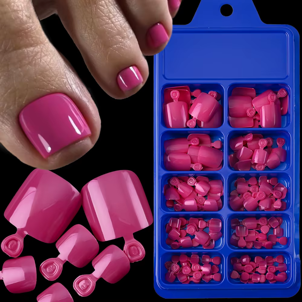 100 pièces faux ongles presse naturelle sur pied d'orteil Rose rouge couverture complète