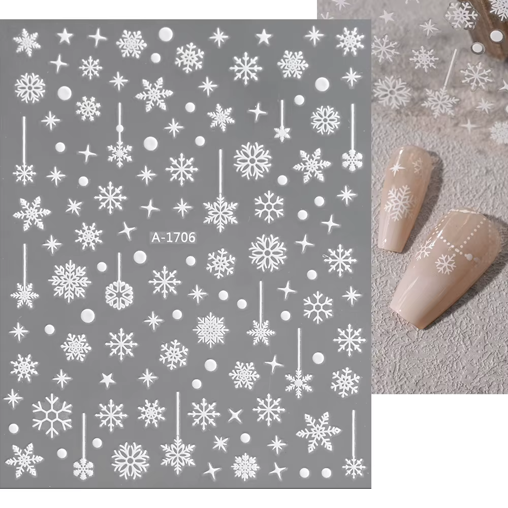 1sheet White Snowflake 3D Christmas Nail Art Stickers Self-Adhesive Xmas Snowy Winter