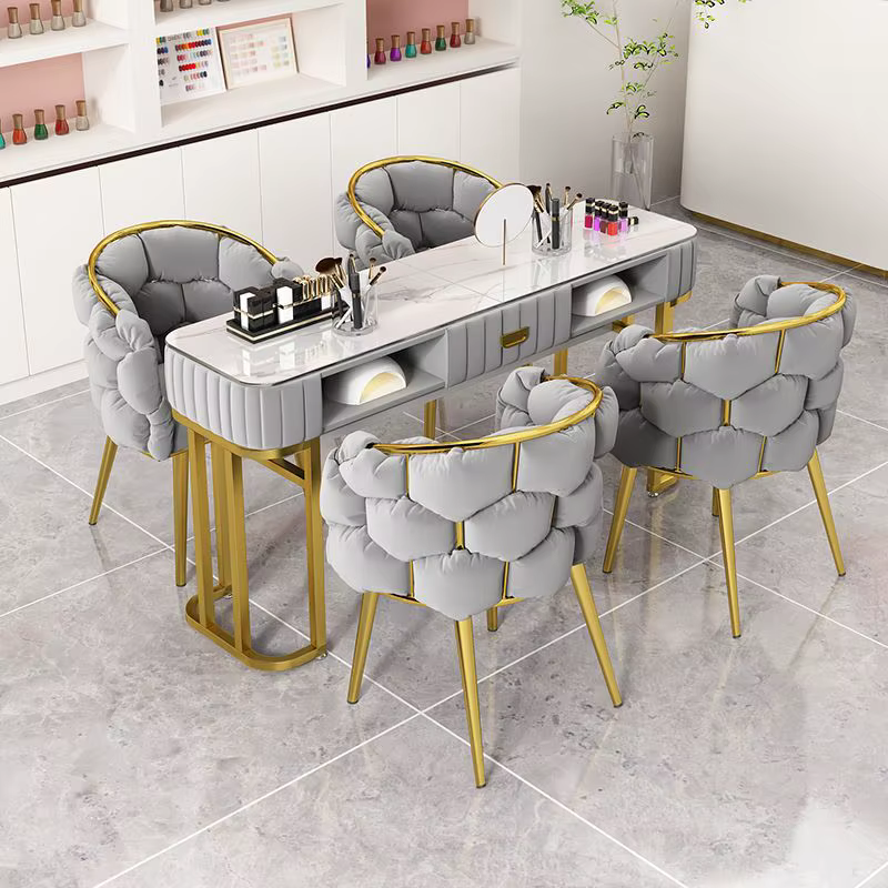 Table de manucure en marbre, poste de travail à ongles multi-niveaux en bois, bureau à ongles portable vert de luxe léger, mobilier de salon de beauté