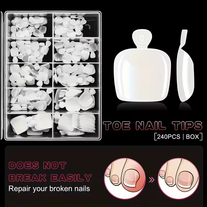 240 faux ongles de pieds compressés blancs - Couverture complète
