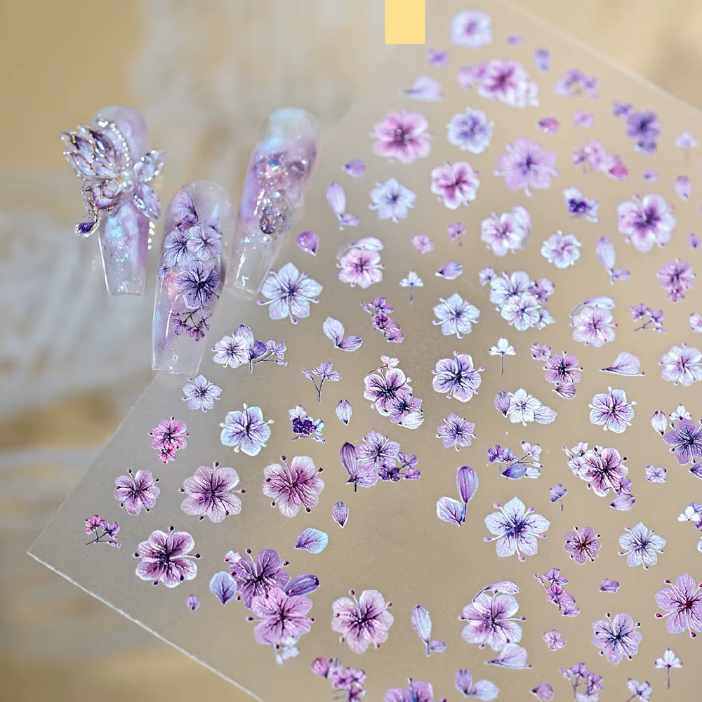 Autocollants 5D pour ongles à fleurs séchées colorées Rose/Bleu/Violet/Vert/Jaune – Décorations florales mignonnes pour manucure printanière