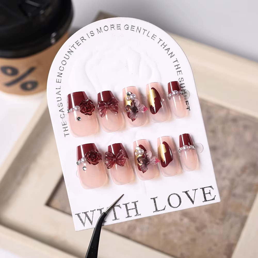 24 pièces rose imprimé léopard court carré presse sur ongles français arc portable faux