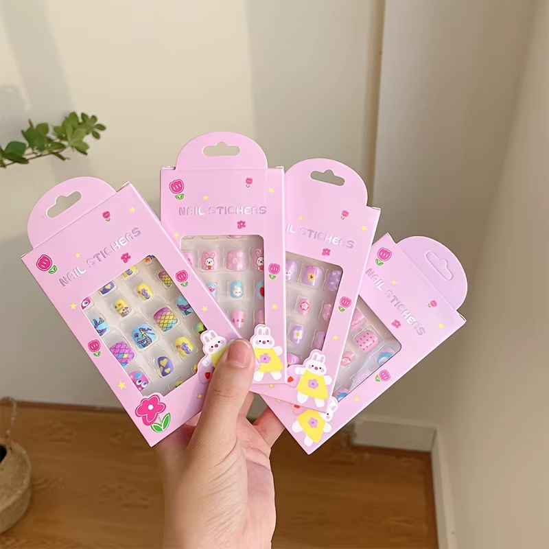 24 pièces/boîte enfants dessin animé ongles conseils coloré mignon fille faux
