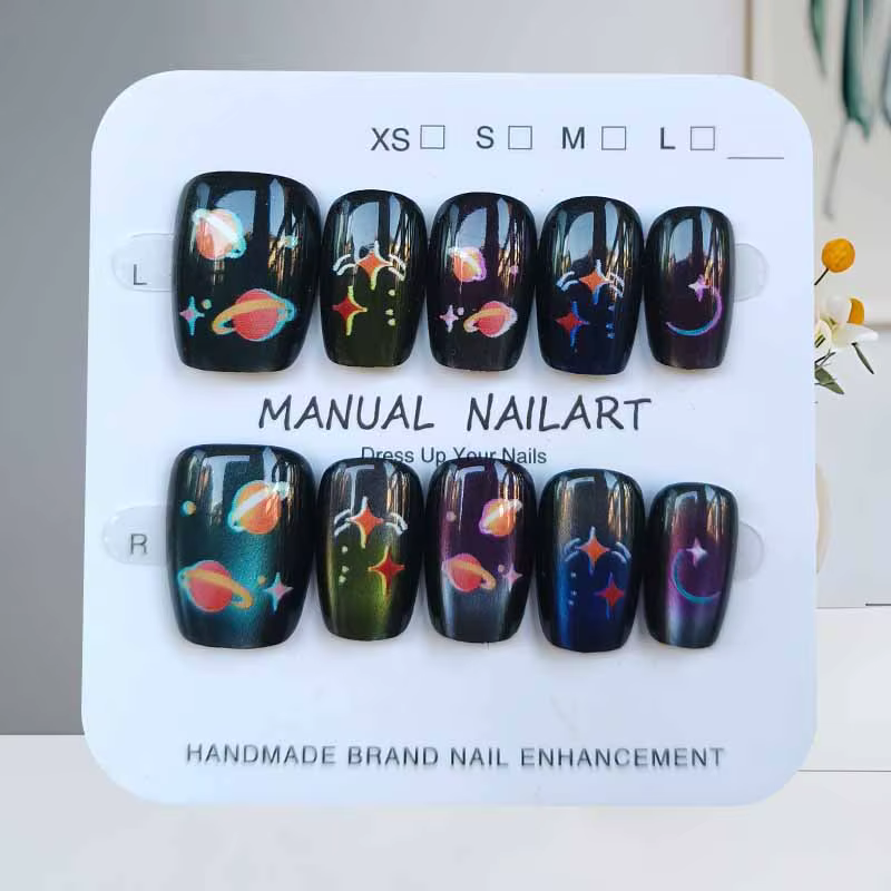 10 pièces 【Happy Planet 】 Cool Fantasy noir dégradé manucure presse sur les ongles Ins tendance détachable faux
