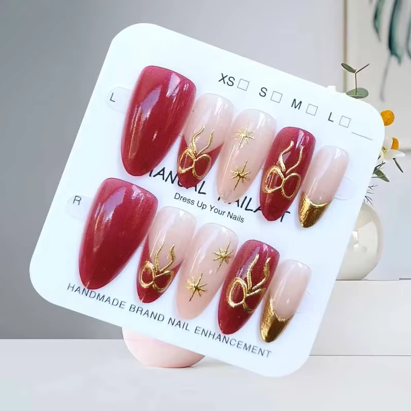 10 pièces bleu océan royaume Secret Style français amande forme doré faux ongles presse