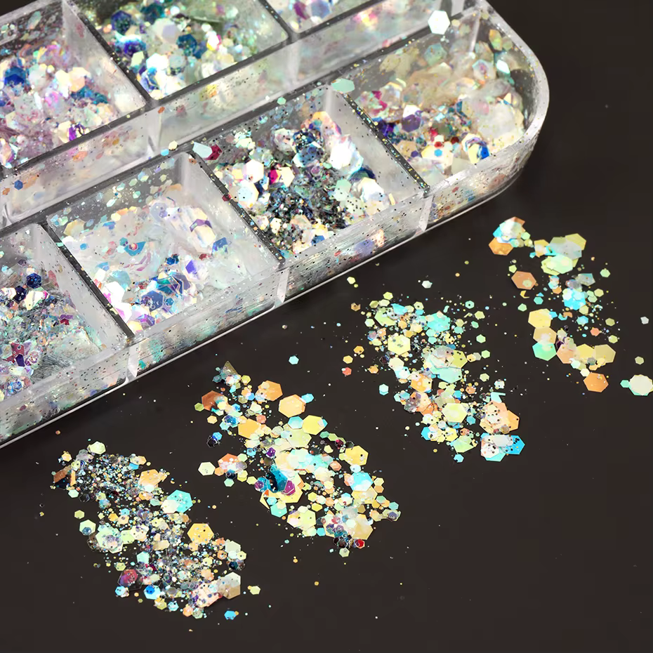 12 grilles scintillantes sirène hexagone Nail Art paillettes