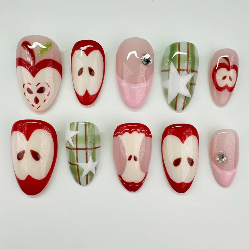 24 pièces mignon rouge pomme modèles presse sur ongles rose français avec étoile Plaid faux