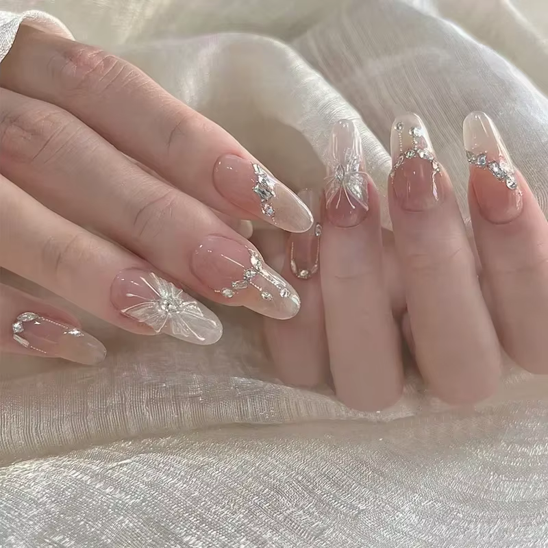 24 pièces amande Pure fait à la main presse sur les ongles couverture complète papillon français perle diamant faux