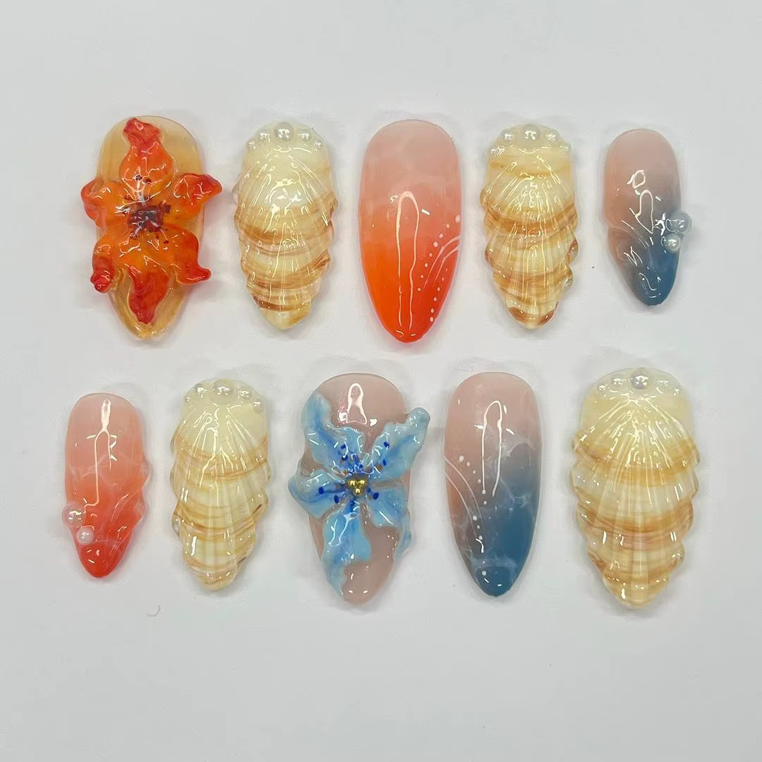 3D vacances ongles fleurs coquille Nail Art pointe