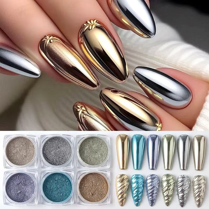 Poudre à ongles chromée or argent Rose