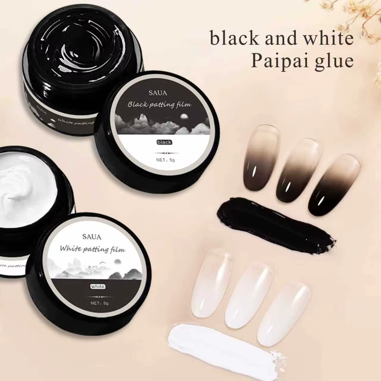 Colle à ongles 5G couleur unie noir et blanc, colle à effet plâtre, gel couleur unie dégradé brillant, durable pour DIY à domicile et salon