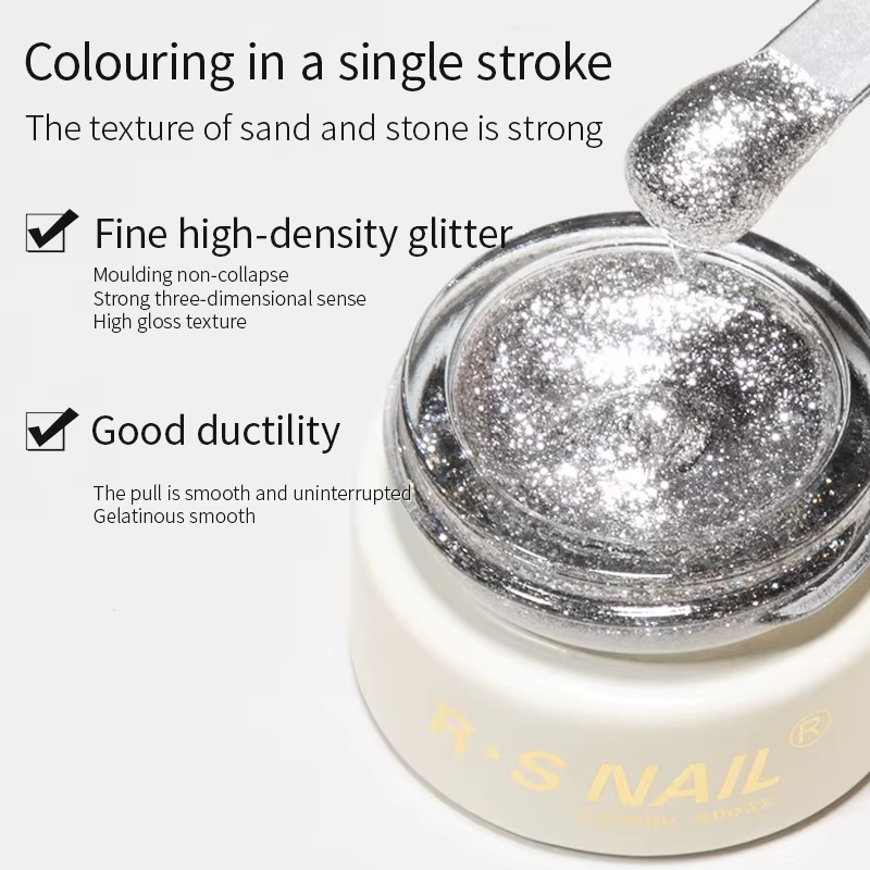 RS NAIL 8g Gel de peinture scintillant sans lingette Gel platine paillettes métallique doré argenté revêtement Gel
