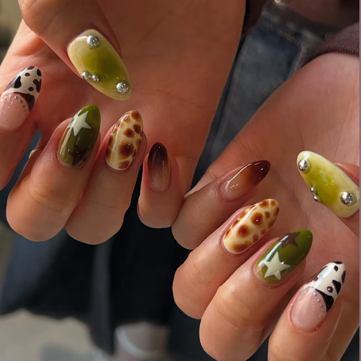 24 pièces bleu océan dégradé faux ongles peint à la main Seastar coloré brillant amande presse