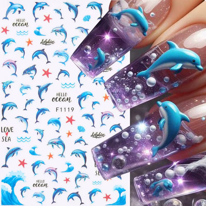 1 feuille holographique méduse dauphin Nail Art autocollants 3D sirène océan coquille ongles décalcomanies adhésif