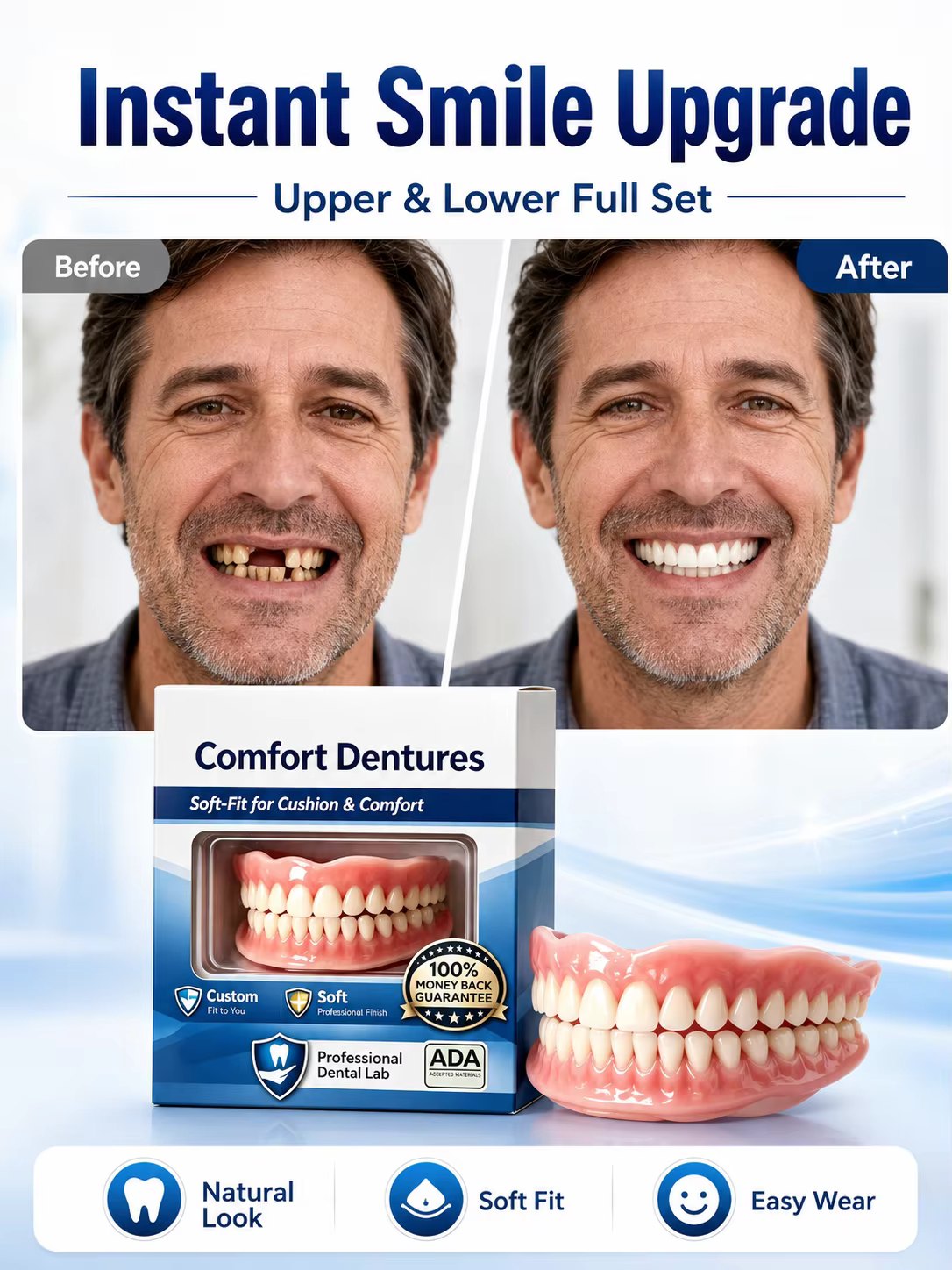 Prothèses dentaires, dents artificielles, pose instantanée, aspect naturel, ajustement confortable pour les dents manquantes chez les adultes, obtenez votre sourire.