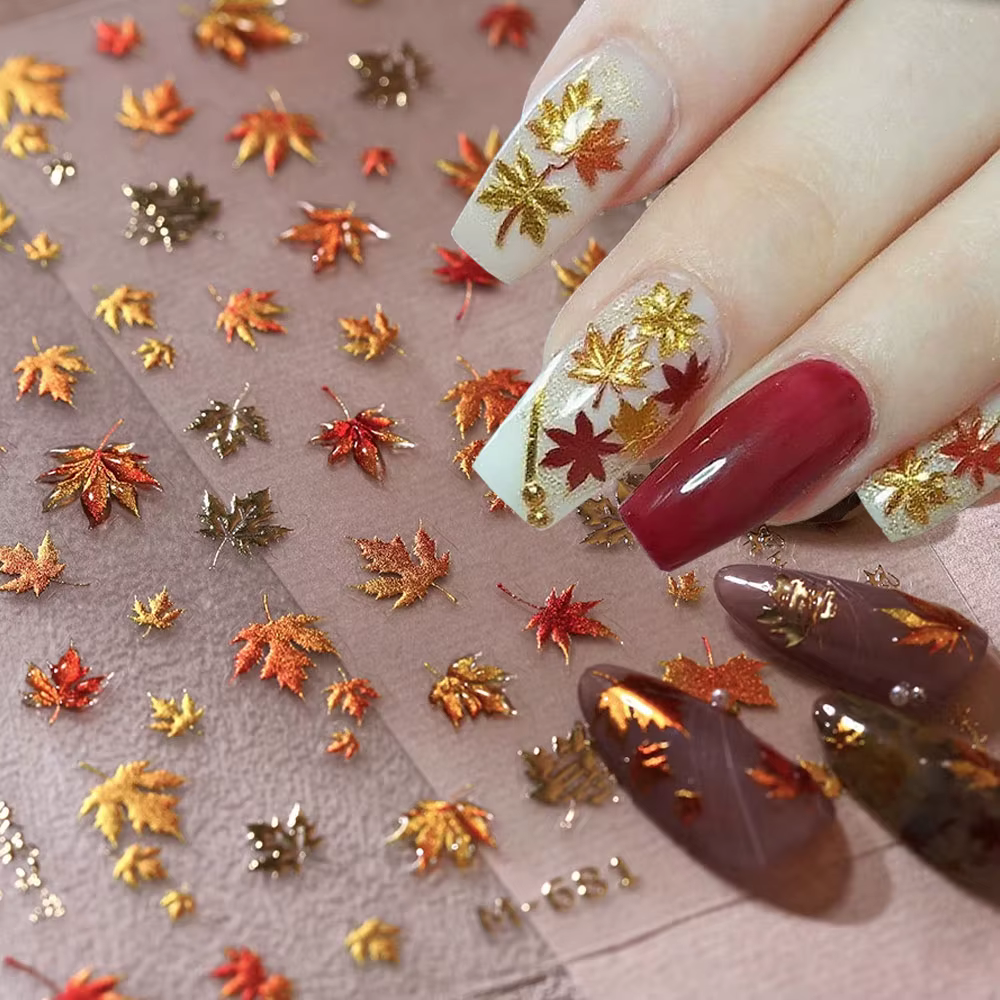 5D en relief gelée feuille d'érable Nail Art autocollant or rouge automne feuilles