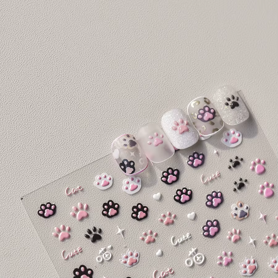 Autocollants pour ongles chat mignon gelée rose patte