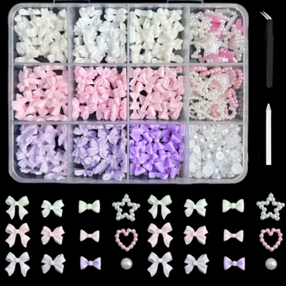 1 boîte mixte blanc perle arc Nail Art breloques doux nacré nœud papillon coeur ongles strass manucure coloré résine accessoires