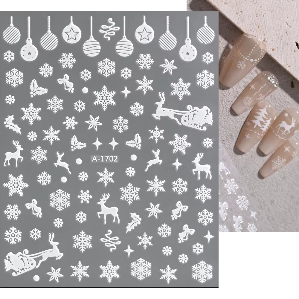1sheet White Snowflake 3D Christmas Nail Art Stickers Self-Adhesive Xmas Snowy Winter