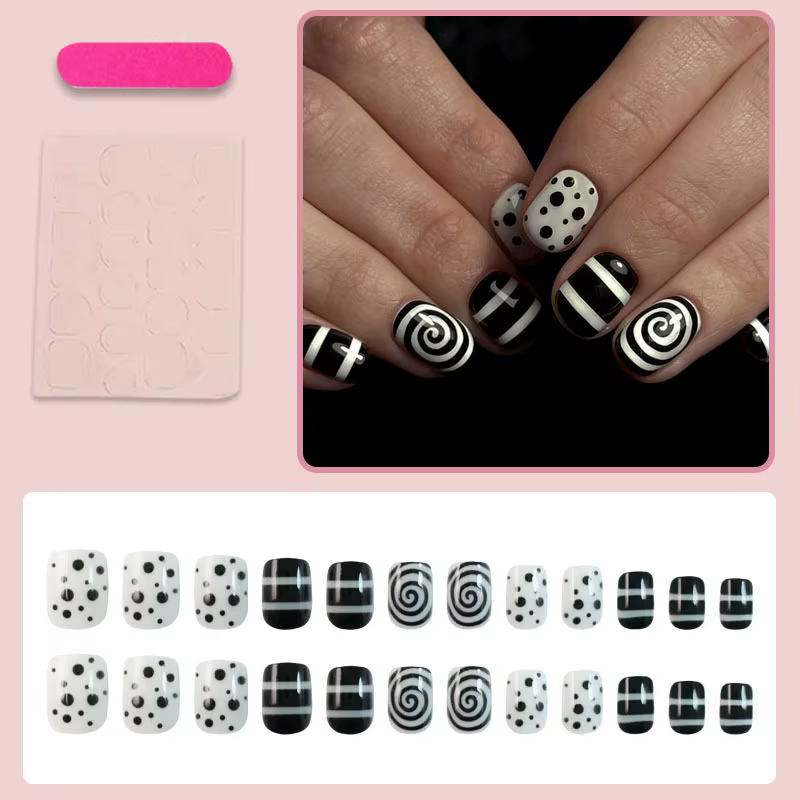 24 faux ongles courts carrés à motif géométrique rétro