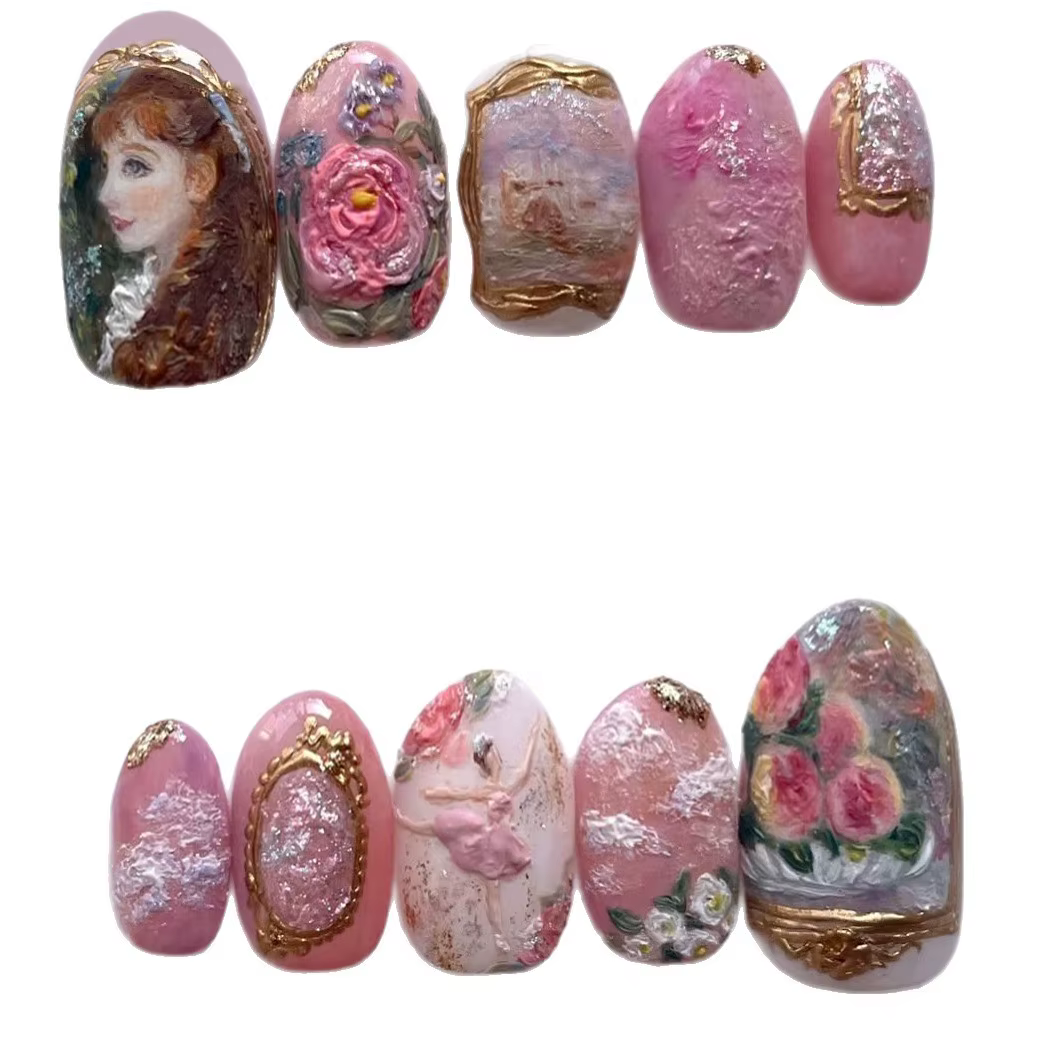 24 pièces série de peinture à l'huile européenne faux ongles doux Rose amande