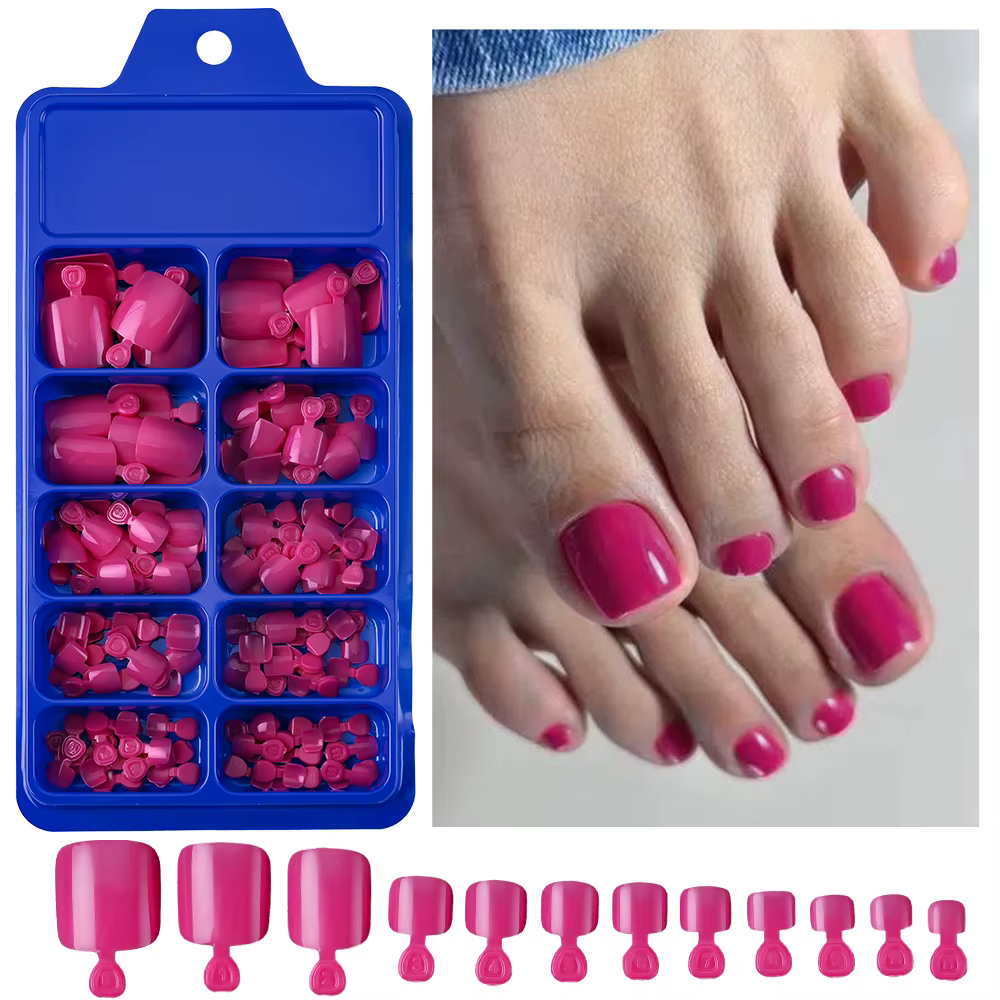 100 pièces faux ongles presse naturelle sur pied d'orteil Rose rouge couverture complète