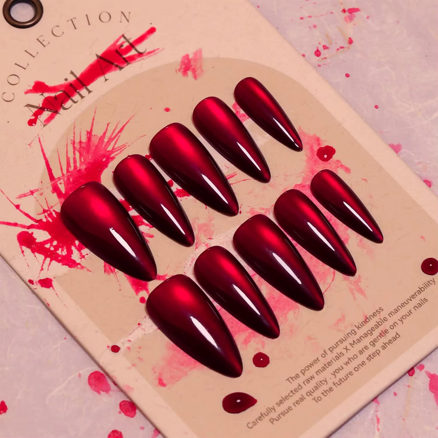 30 feuilles longues amande yeux de chat rouge faux ongles presse