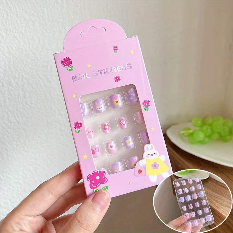 24 pièces/boîte enfants dessin animé ongles conseils coloré mignon fille faux